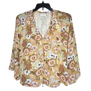 Melloday 60's Style Boho Retro Floral Smocked Neckline Blouse Top Size Large